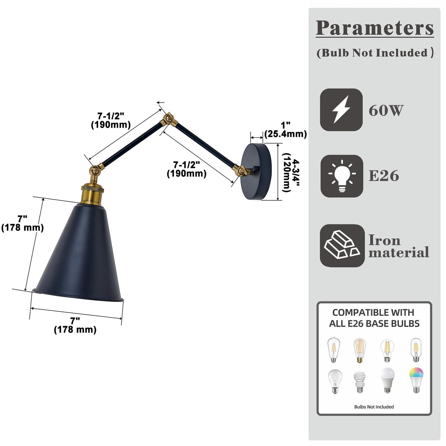 Lifora Hay Swing Arm Wall Sconce Black Gold, 7" Farmhouse Wall Light with Metal Cone Shade, Adjustable Dual-Joint Arm, Industrial Wall Lamp