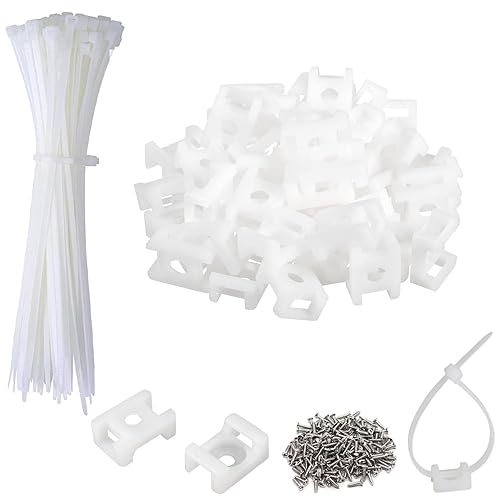 120 Set White Cable Zip Tie Mounts Kit Wire Clips Organizer Holders Clamps with 0.6Inch Saddle Type Mounts Base with 8" Ties and Tapping Screw