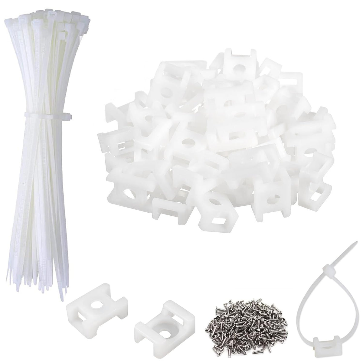 120 Set White Cable Zip Tie Mounts Kit Wire Clips Organizer Holders Clamps with 0.6Inch Saddle Type Mounts Base with 8" Ties and Tapping Screw