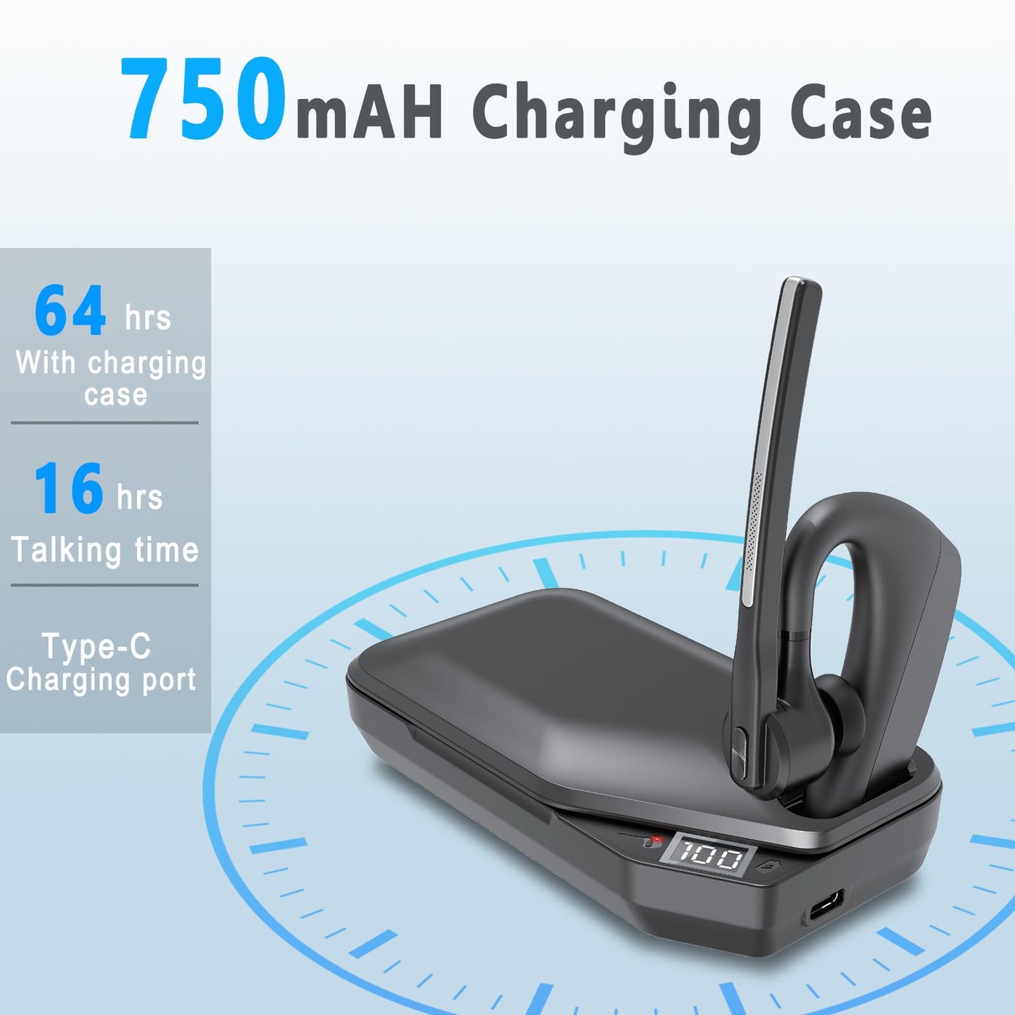 Conambo K10C Bluetooth Headset & Charging Case, Dual Mic Noise Canceling Mono Wireless Headset for Cellphone with up to 64Hrs Talk Time Hand-Free