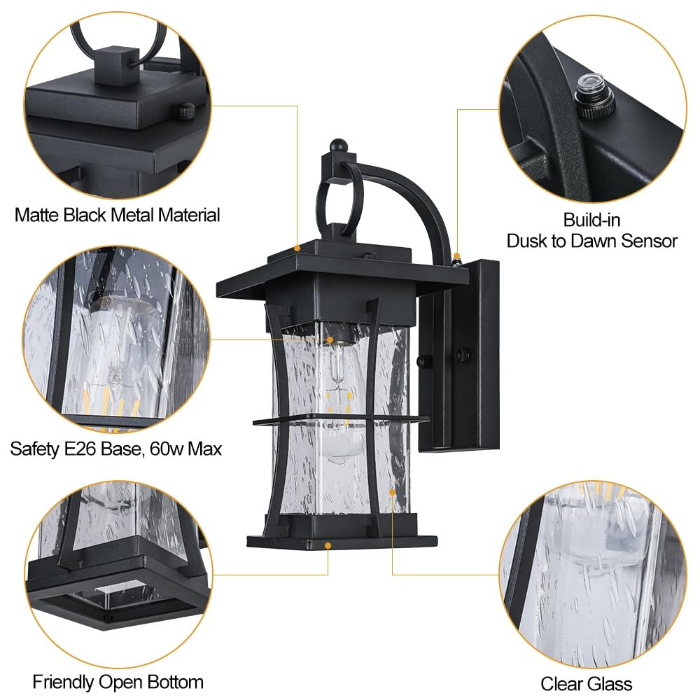 Naurham Outdoor Lighting Fixtures Wall Mount, 1-Light 15''H Dusk to Dawn Exterior Light for House Outdoor Wall Lantern with Clear Glass for Front