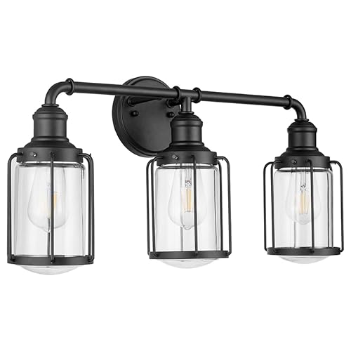 Prominence Home Lincoln Woods 3 Light Matte Black Industrial Bathroom Vanity Light with Cage and Clear Glass - 51545-01