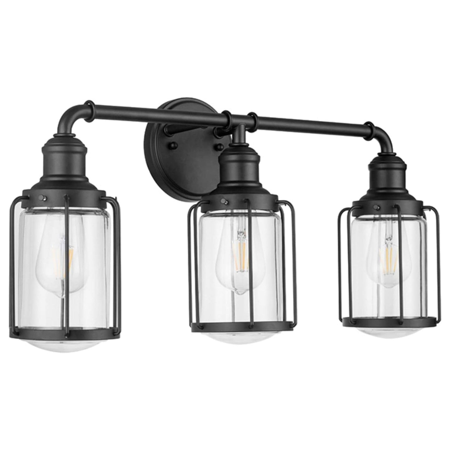 Prominence Home Lincoln Woods 3 Light Matte Black Industrial Bathroom Vanity Light with Cage and Clear Glass - 51545-01