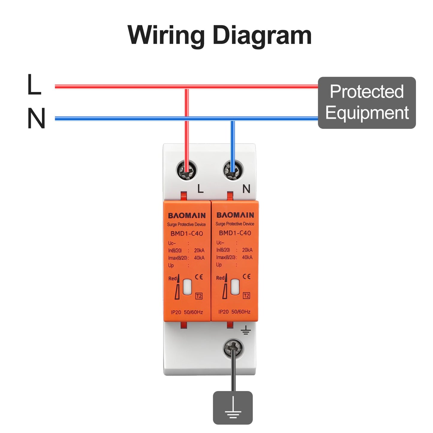 Baomain 2P (1P+N) Surge Protective,420V AC 40kA,BMD1-C40 Single-Phase SPD with Neutral Protection,DIN Rail Mounting,Flame Retardant Housing