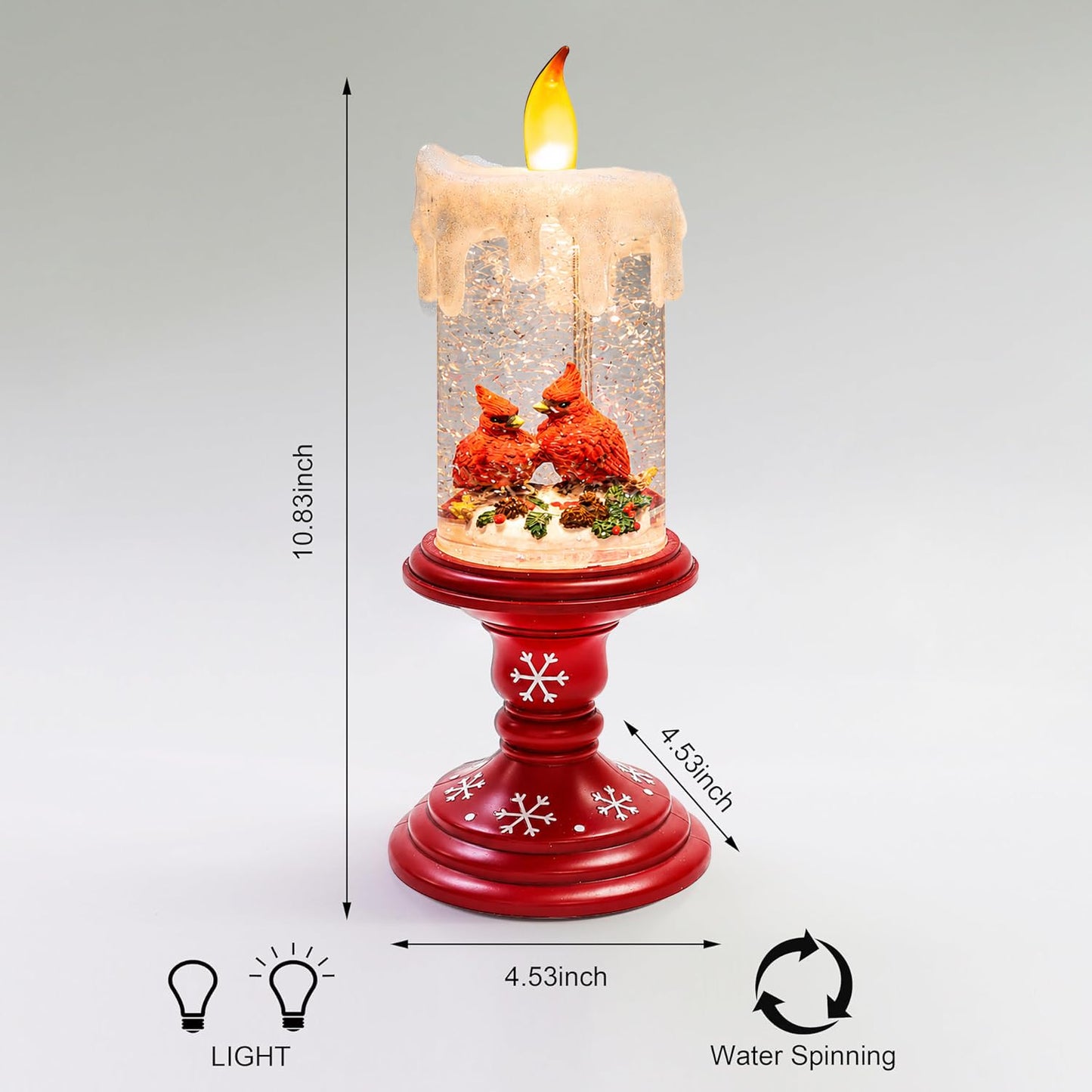 MOMENTS IN TIME LED Lighted Spinning Water Candle with Cardinals 10”H Acrylic Glitter Candle Decor Battery Operated Christmas Decoration Light-Up
