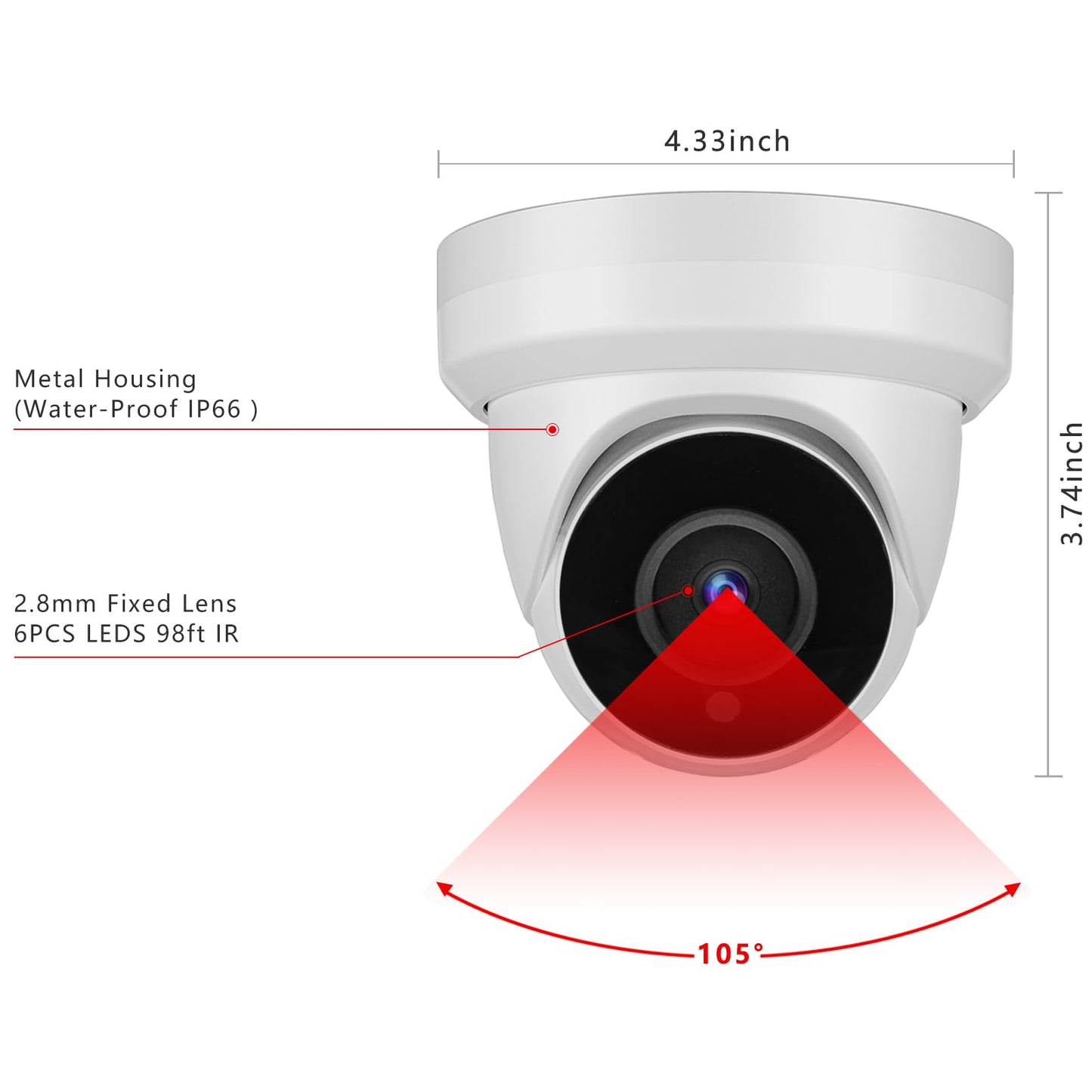 Tennoz 5MP Security Camera 4-in-1 TVI/CVI/AHD/CVBS 960H Analog CCTV Camera Security Dome Outdoor, 2.8mm Lens, 105° Wide Angle, 98ft Night Vision, IP66