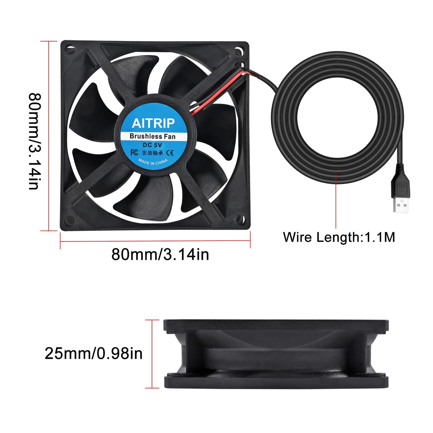 AITRIP 4PCS 80mm USB Fan 5V Brushless 8025 80x25mm for Cooling DIY PC Computer Case 3D Printer CPU Coolers Radiators