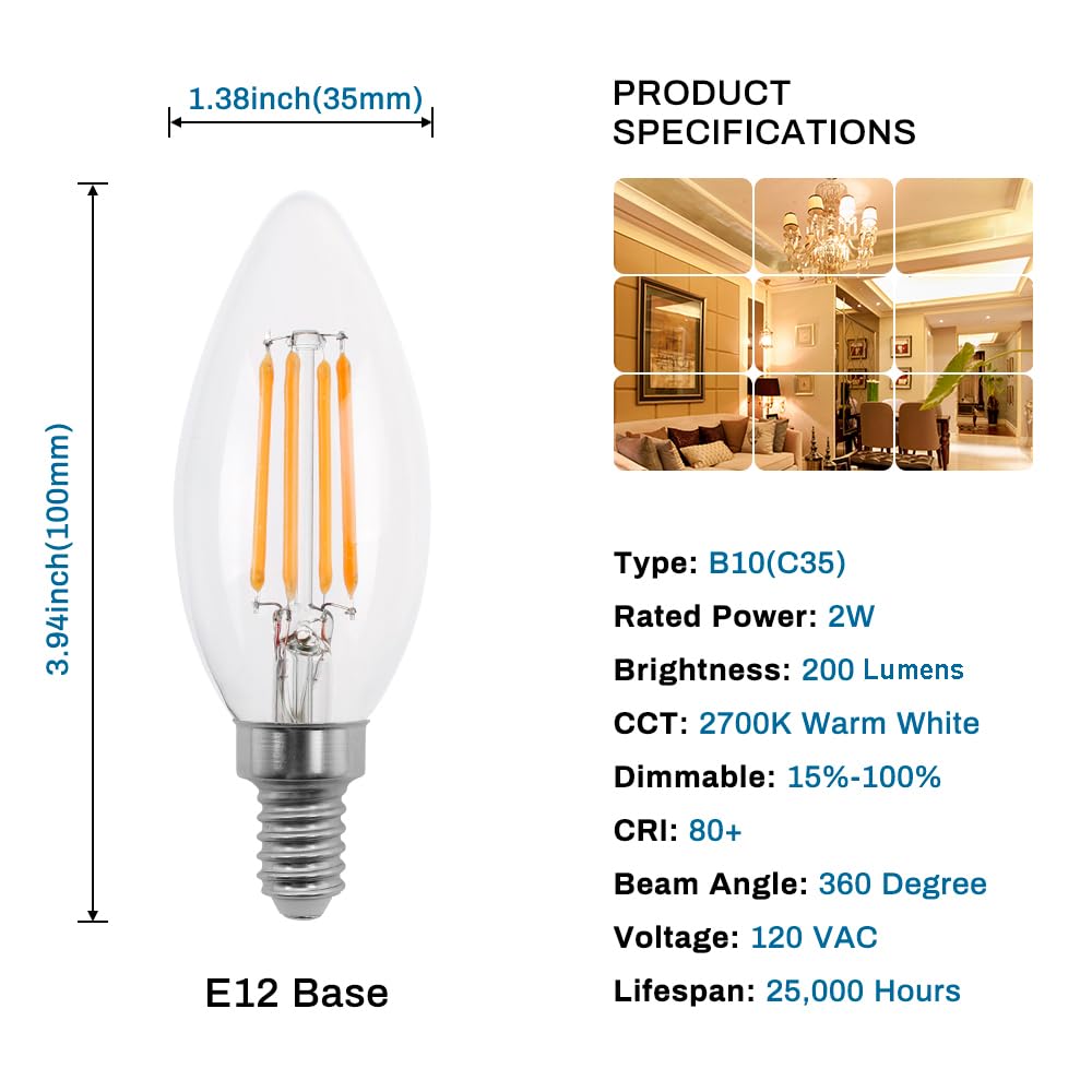 New Lights Candelabra Led Bulbs Dimmable, 2W Dimmable E12 Chandelier Light Bulbs, 2700K, B11 C35 Filament Led Candle Light Bulbs (Warm White, 6 Pack)