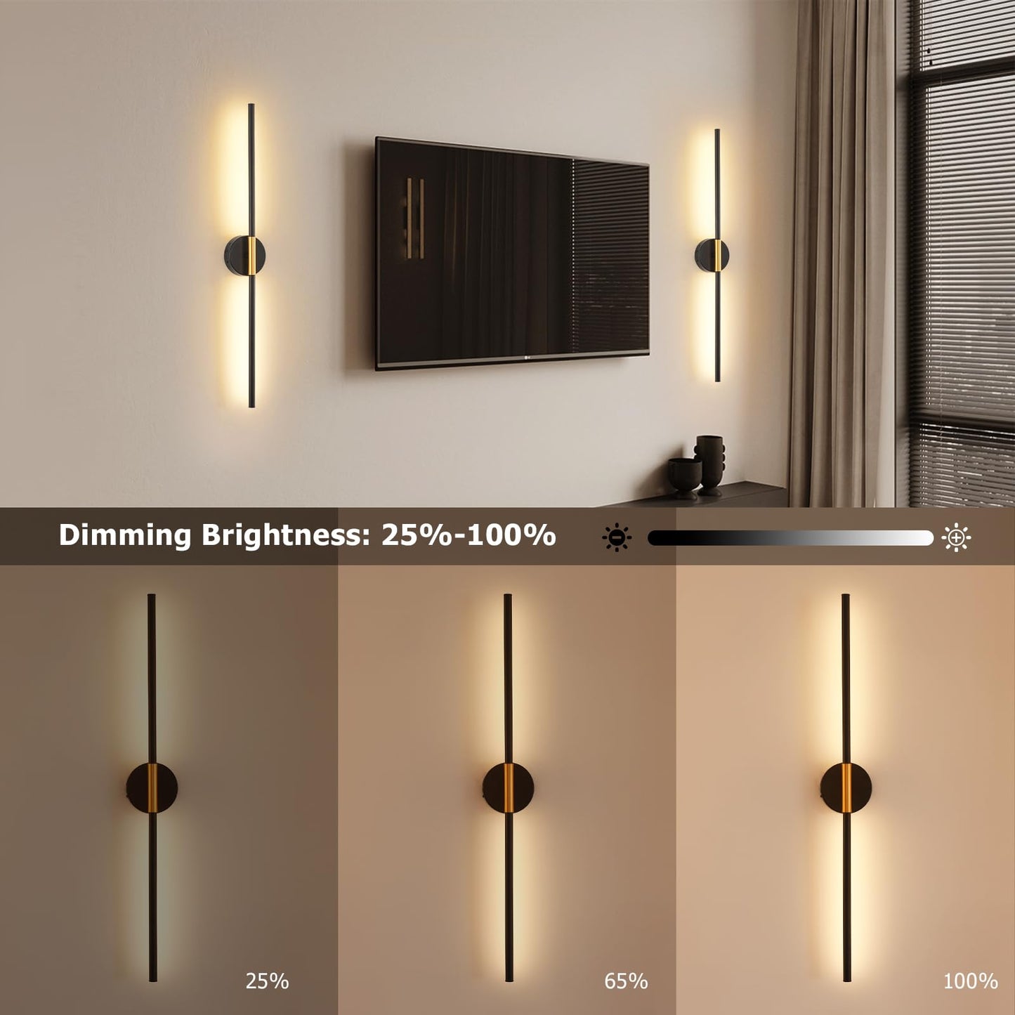 JOOSENLUX Battery Operated Wall Sconces Set of 2 - Gold & Black LED Wall Light, Dimmable, Remote?Control, Adjustable Arm, Cordless Aluminum Modern Art