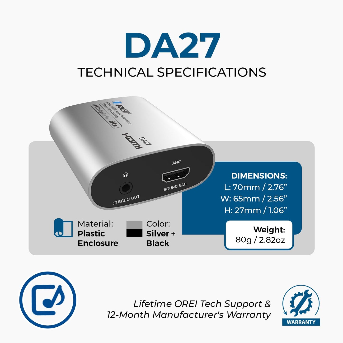 OREI DA27 HDMI ARC Audio Extractor & Downmixer - Dolby DTS 5.1 to 2-Channel Stereo Converter, HDMI ARC Pass-Through, 3.5mm Analog Output, CEC Volume