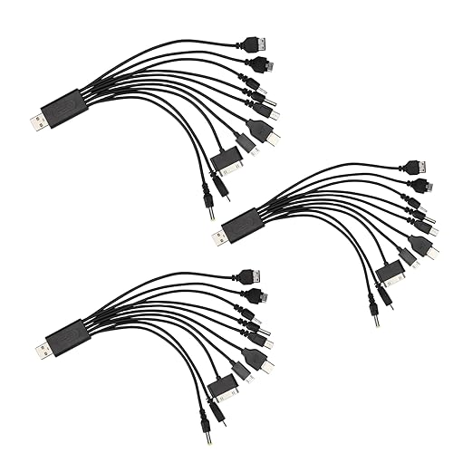 Calsgkspray 3Pcs Black 10 in 1 Universal USB Cable, Multiple Universal Charging Cable for Cell Phones Blutooth Earphone Speaker Adapter Cable, 20cm