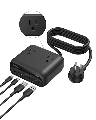Belkin GaN Charging Station 70W, 7-in-1 Dual USB C Charger w/ 3x AC Outlets, 2x USB A Ports, Power Strip, iPhone Charger Fast Charging, Apple Watch