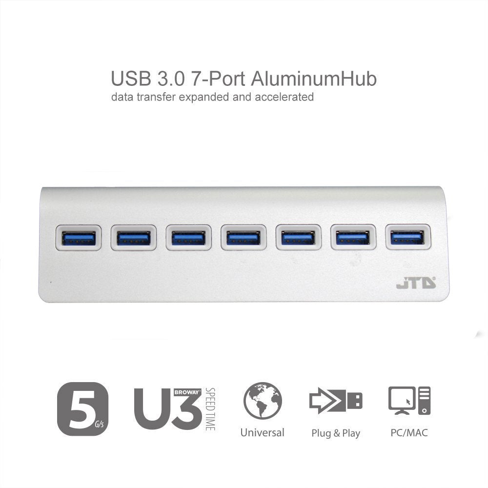 JTD ® USB 3.0 Hub 7-Port Portable Aluminum Charging and Data Hub with 5V 4A Power Adapter 3-Foot USB 3.0 Cable (Silver)