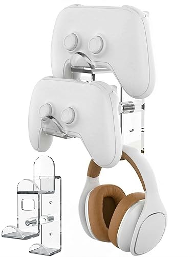NiHome Clear Acrylic Game Controller Wall Hanger Stand, Dual Gamepad Controller & Headphone Hanger Holder for Xbox PS5 PS4 PS3 Switch, Wall Mount