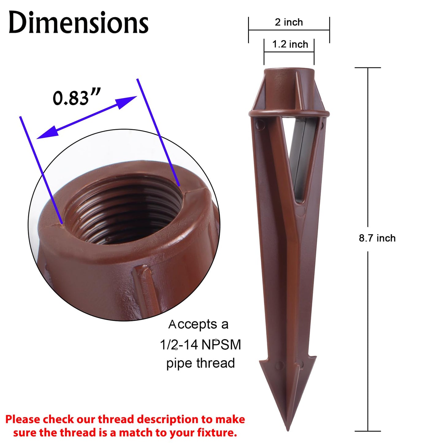 Ground Spike Stake Replacement for Low Voltage Landscape Lighting Spot Path Flood Lights with 1/2-14 NPT Thread, High-Impact ABS Construction