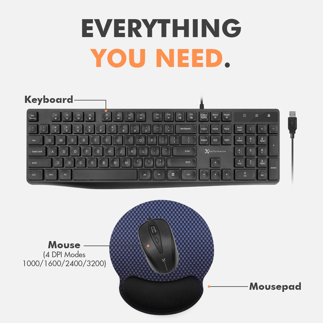 X9 Wired Keyboard and Mouse Combo | USB Mouse and Keyboard (Mouse Pad Included) Ergonomic Full Size Corded Computer Keyboard and Mouse for PC Windows