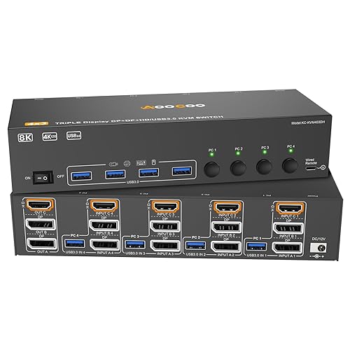 HDMI Displayport KVM Switch 3 Monitor 4 Computer 8K@60Hz/4K@144Hz KVM Switches with 4 USB 3.0 Port,Wired Remote,Power Adapter and 4 USB3.0 Cables