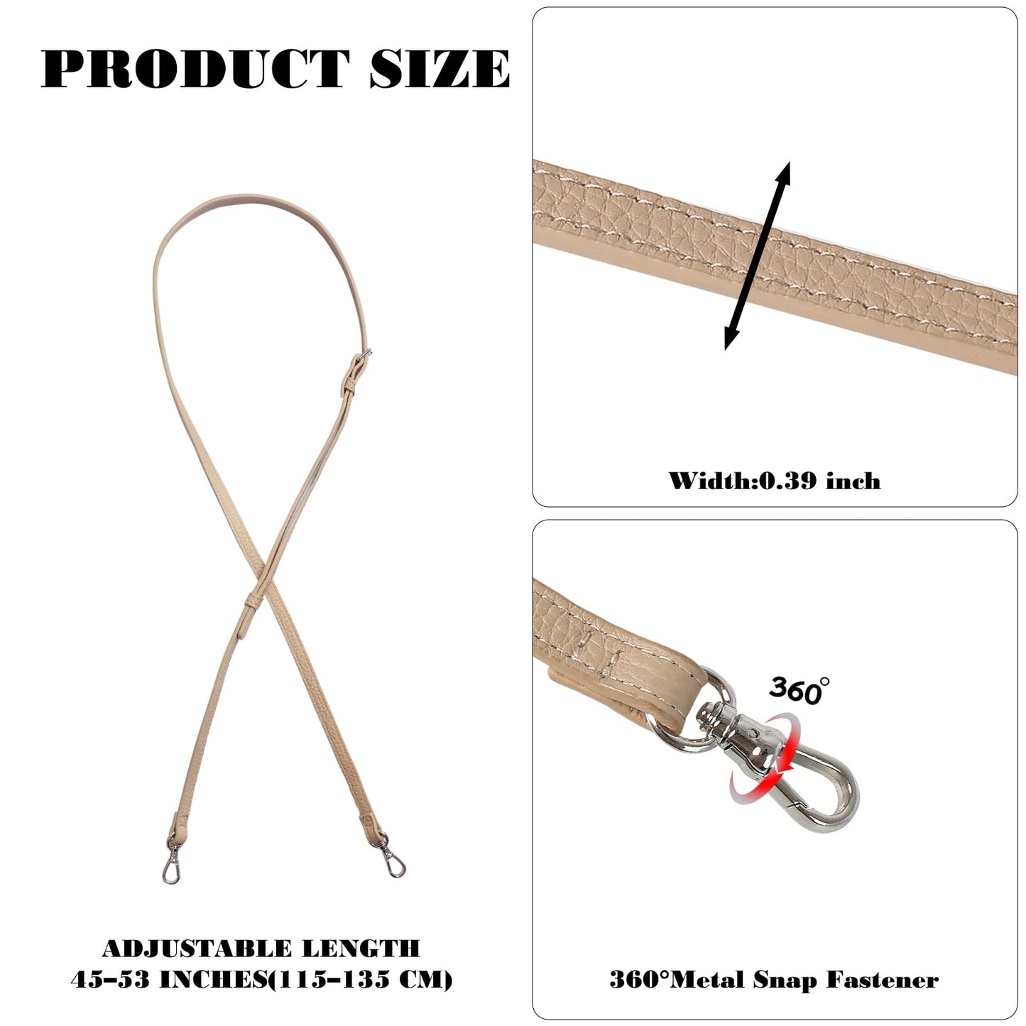 LUCKYCOIN Adjustable Leather Crossbody Strap 45"-53", Genuine Full-Grain Purse Strap & Replacement Strap for Phone Cases & Mini Bags, 360° Swivel Snap