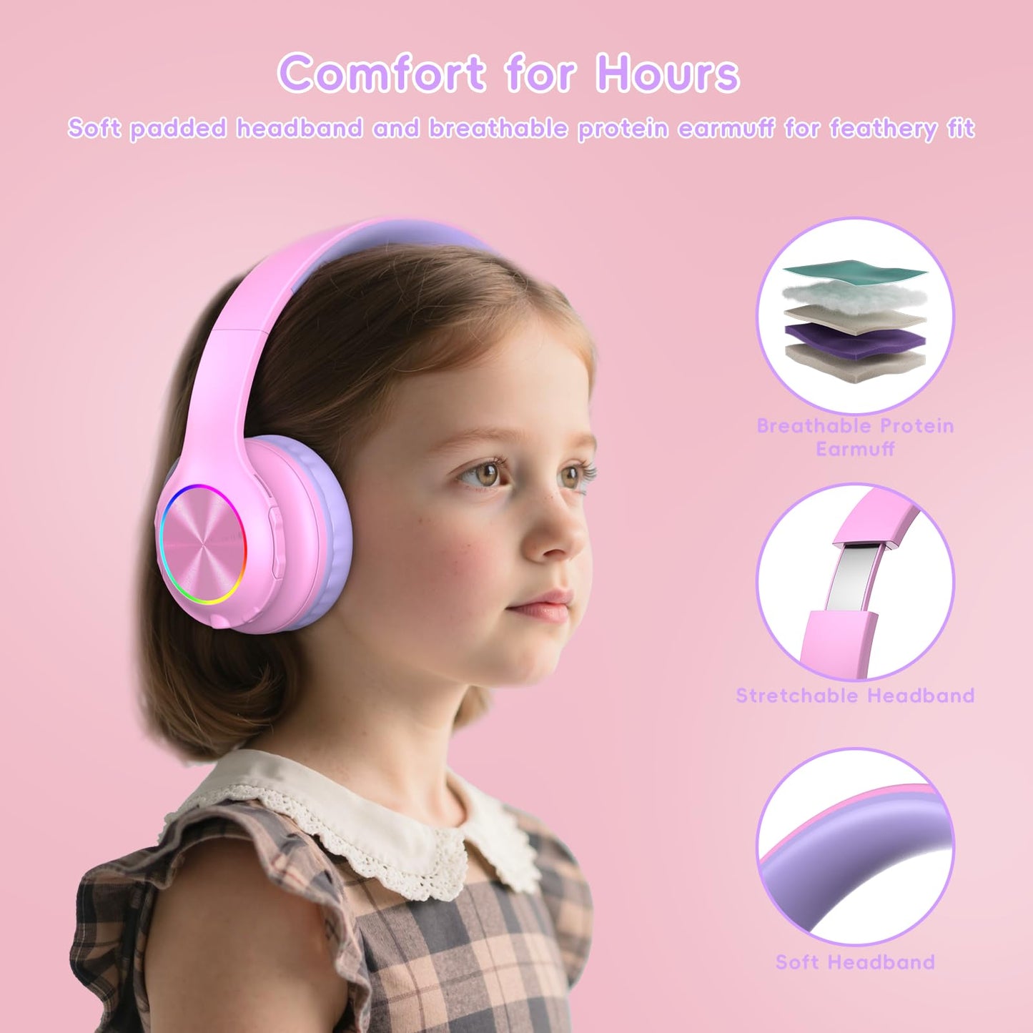 2024 Bluetooth Kids Headphones Fit for Aged 3-21, Colorful LED Lights Comfort Wireless Headphones with Microphone 94dB Volume Limited…