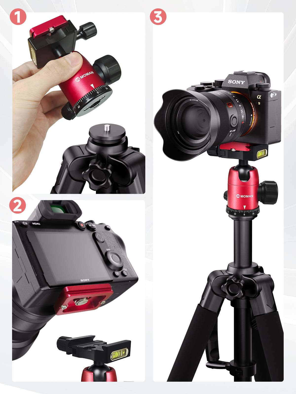 Moman Camera Tripod Head Universal Ball Head with Quick Release Plate for DSLR Canon Nikon, Anodic Oxide Film of CNC Aluminum, 360° Panning, Max Load