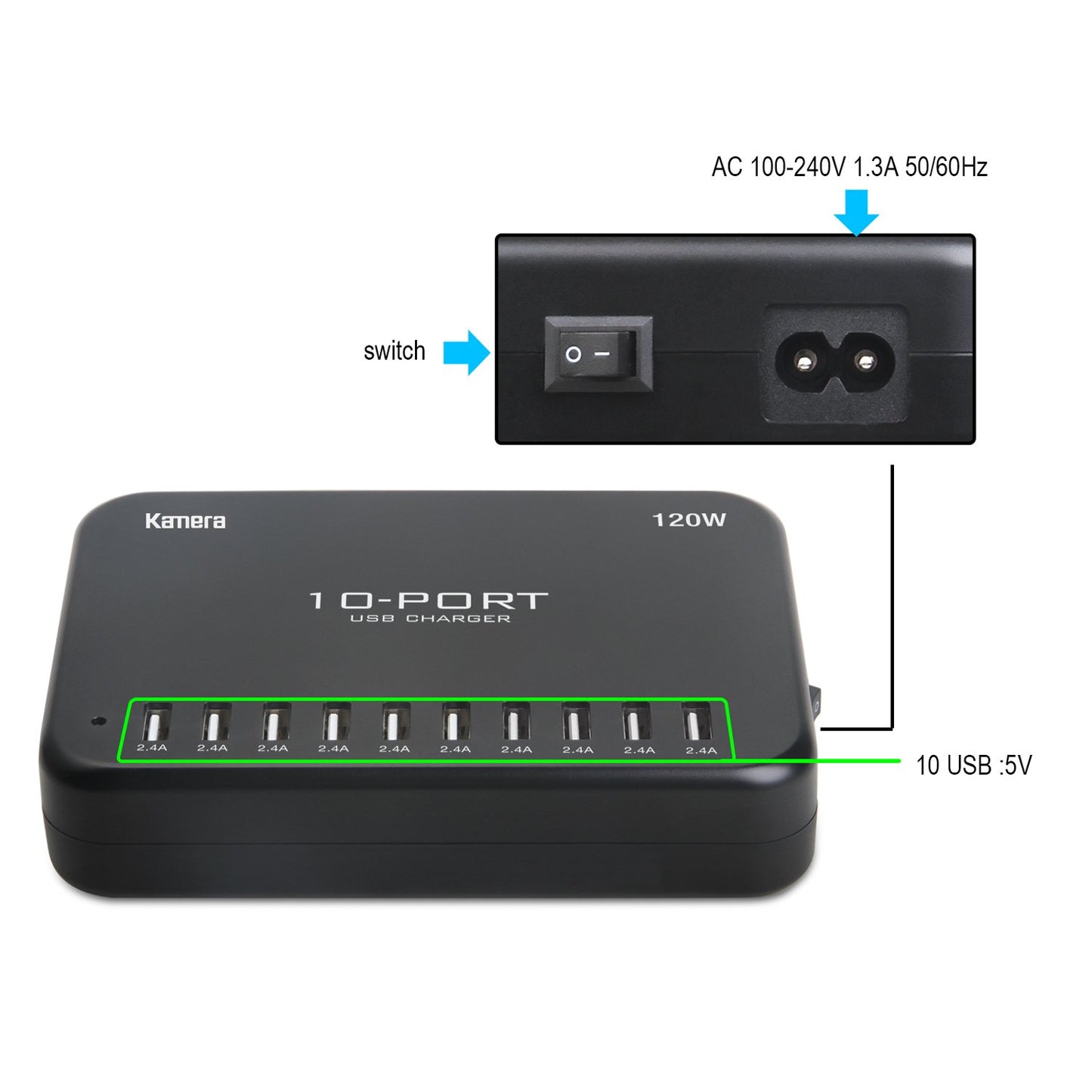 USB Charger 10-Port 120W, Multi-Port USB Charging Hub 24A Desktop Power Station for iPhone X/8/7/6S/6 Plus/5S, Ipad Pro/Air2/ Mini, Galaxy S9/S8/S6