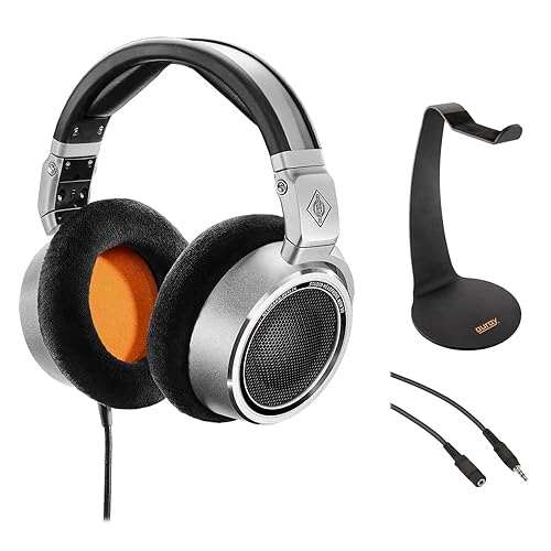 Neumann NDH 30 Dynamic Reference-Class Open-Back Studio Headphone Bundle with Auray HPDS-B Desktop Headphone Stand & 3.5mm Mini to Mini Cables, Black