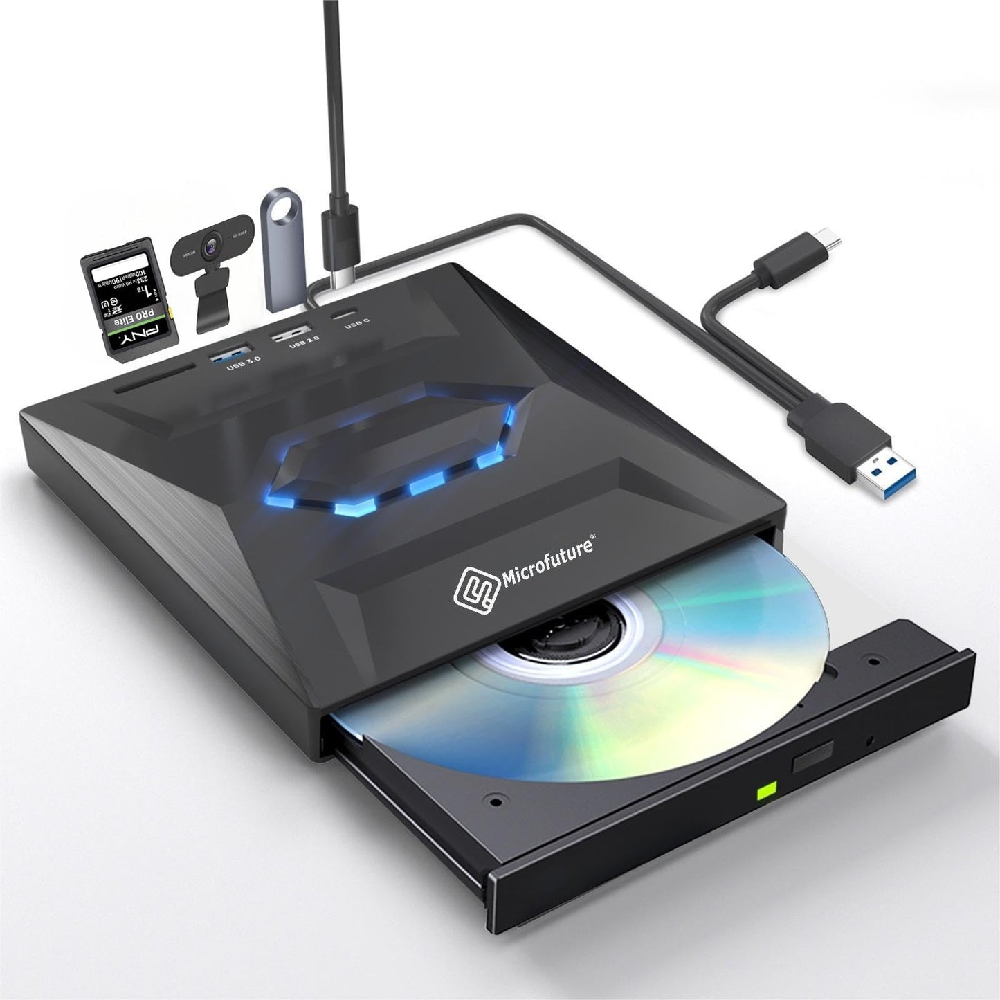 MICROFUTURE Slim Portable DVD Burner, USB 3.0/Type-C Dual Interface, Plug & Play for Laptop/Mac/PC - SD/TF Card Reader, Anti-Vibration & High-Speed