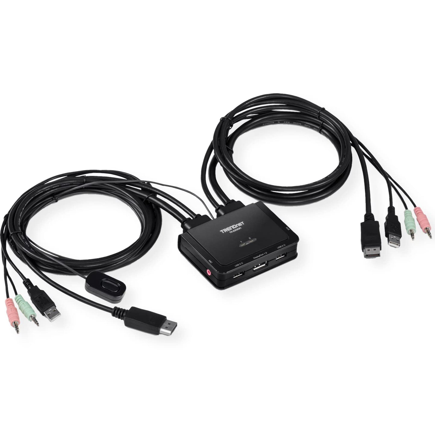 TRENDnet 2-Port 4K DisplayPort 1.2 KVM Switch with Audio, 4K UHD (3840 x 2160@60Hz), 3.5mm Speaker/Microphone, USB 2.0, Integrated Cables, Black