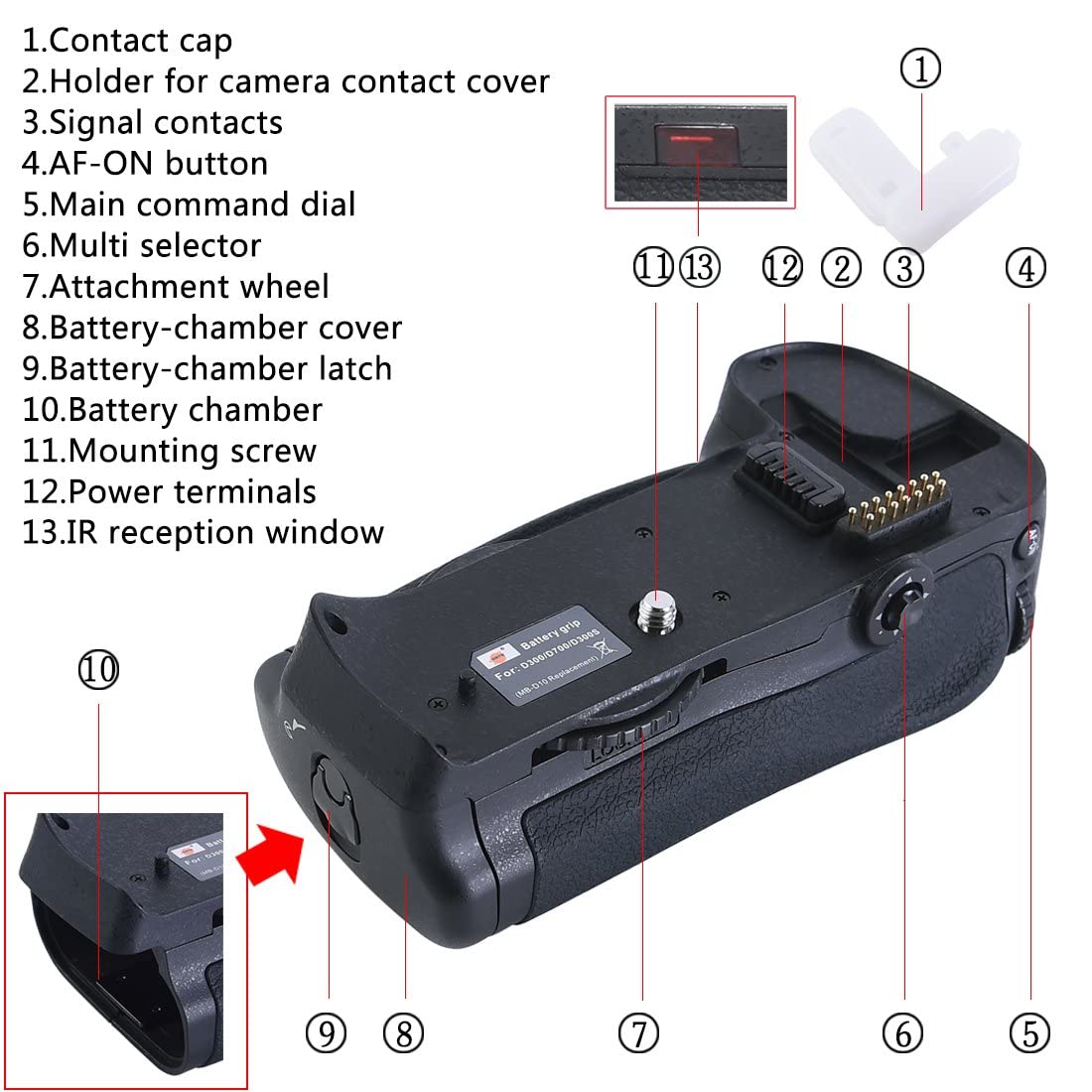 DSTE Pro IR Remote MB-D10 Vertical Battery Grip + 2X EN-EL3E Battery Compatible with Nikon D300 D300S D700 D900 SLR Digital Camera
