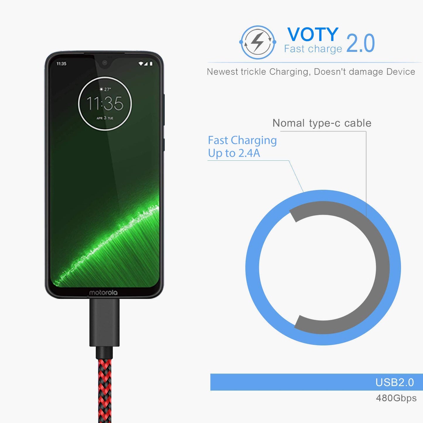 VOTY 2 Packs 6ft USB-C Charger Cable for Motorola Moto G Fast/G Power/G Stylus,Moto G8 G7,G7 Play,G7 Plus,G7 Power G6,G6 Plus X4 Z3 Z2 Play Z Droid