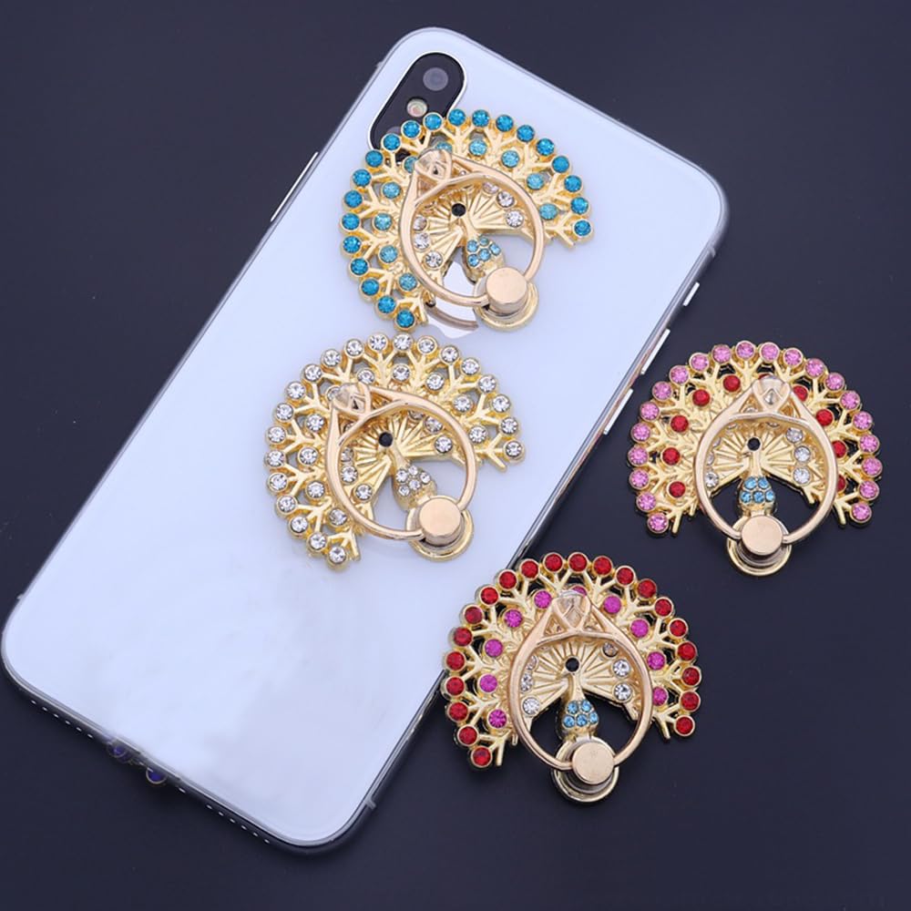 4 Pack Fashion Cell Phone Grip Rings Metal Gold Sparkly Rhinestone Decals and Stickers, Womens Colorful Crystal Peacock Finger Ring Rotatable