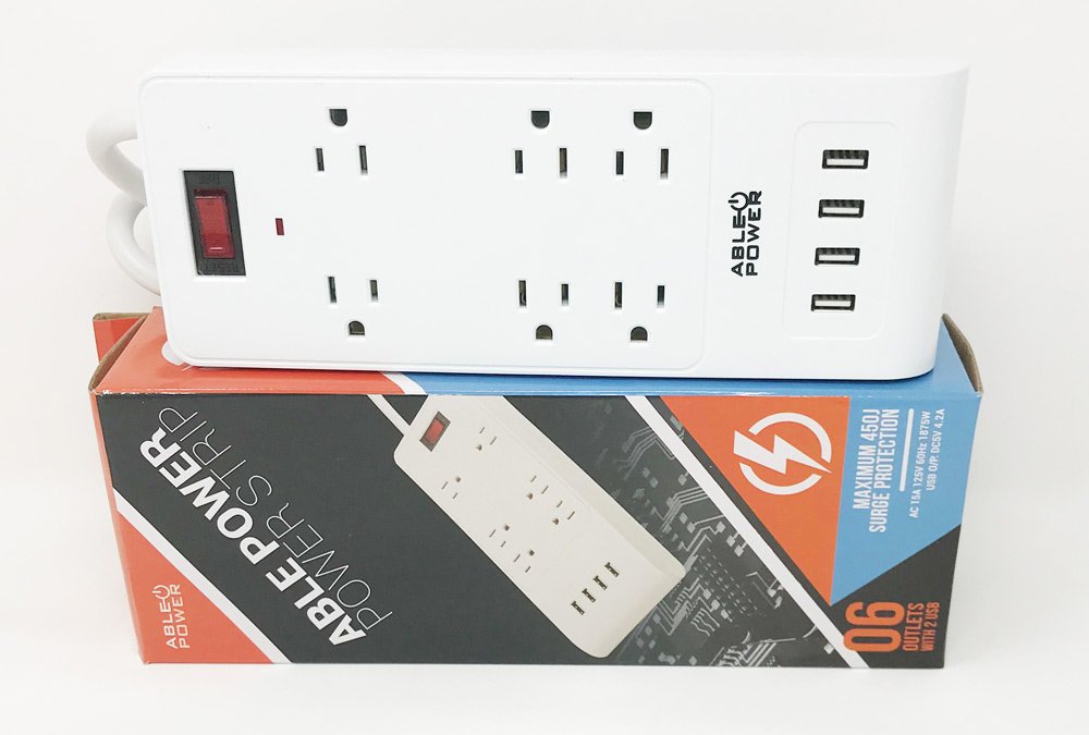 AblePower 6 Outlet Power Strip Surge Protector with 4 USB 3ft 15A 450J w/transformer spots