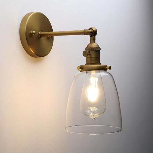 Pathson Vintage Wall Sconce Lighting with On Off Switch, Clear Glass Shade Brass Vanity Light, Industrial Wall Fixtures for Living Room Bathroom