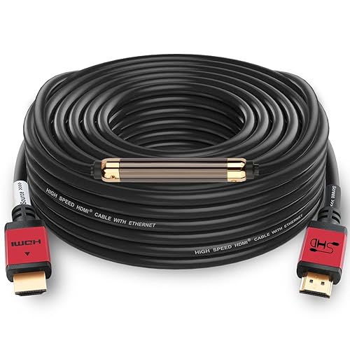 SHD 75 Feet HDMI Cable with Signal Booster, 75' HDMI Cord 2.0V Support 4K 3D 1080P for in-Wall Installation CL3 Rated Black Cable and Red Metal Shell