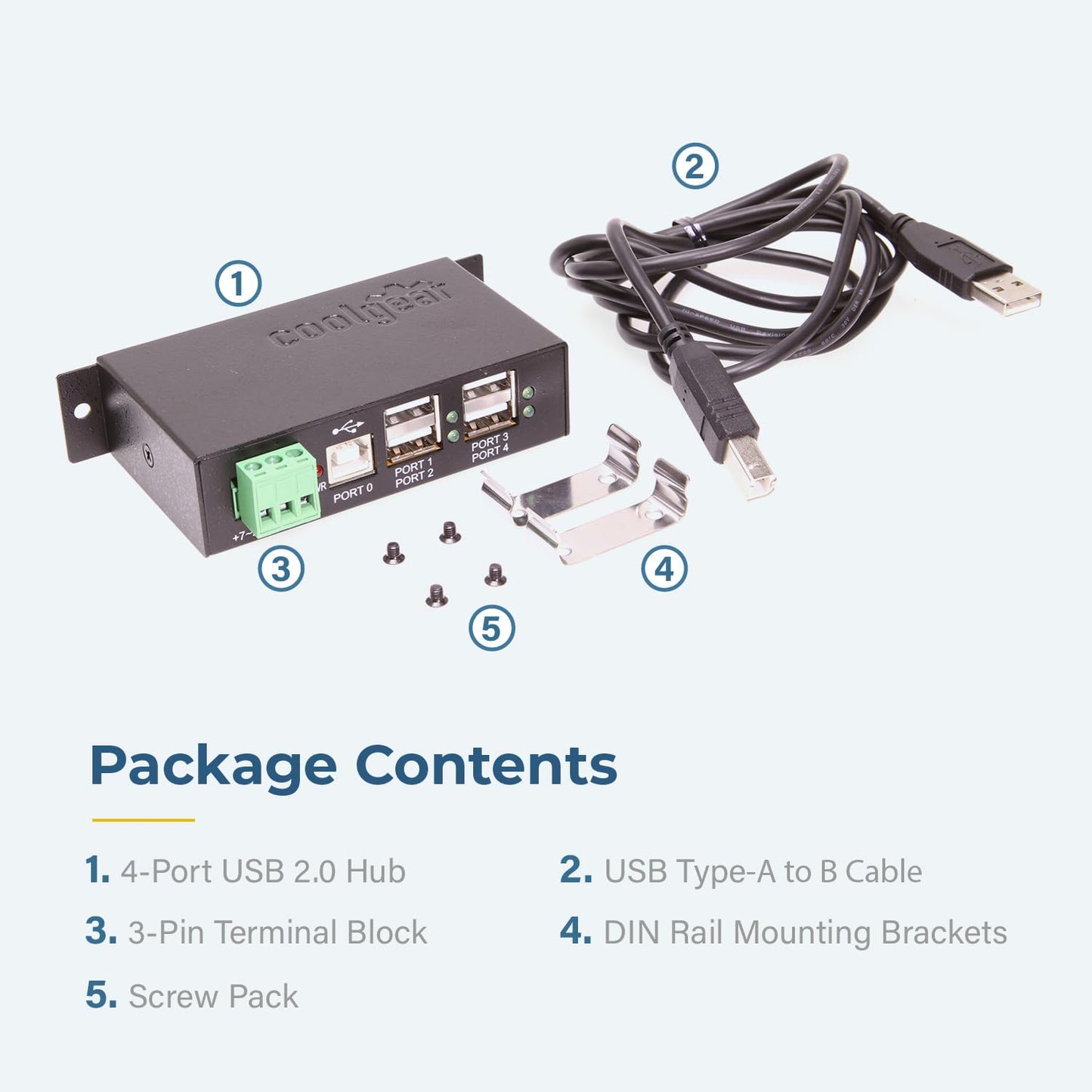 Coolgear Industrial 4-Port Powered USB 2.0 Hub with Port Status LEDs, Metal Housing, 7-24 VDC Input, Wall and DIN-Rail Mountable, PC & Mac Compatible
