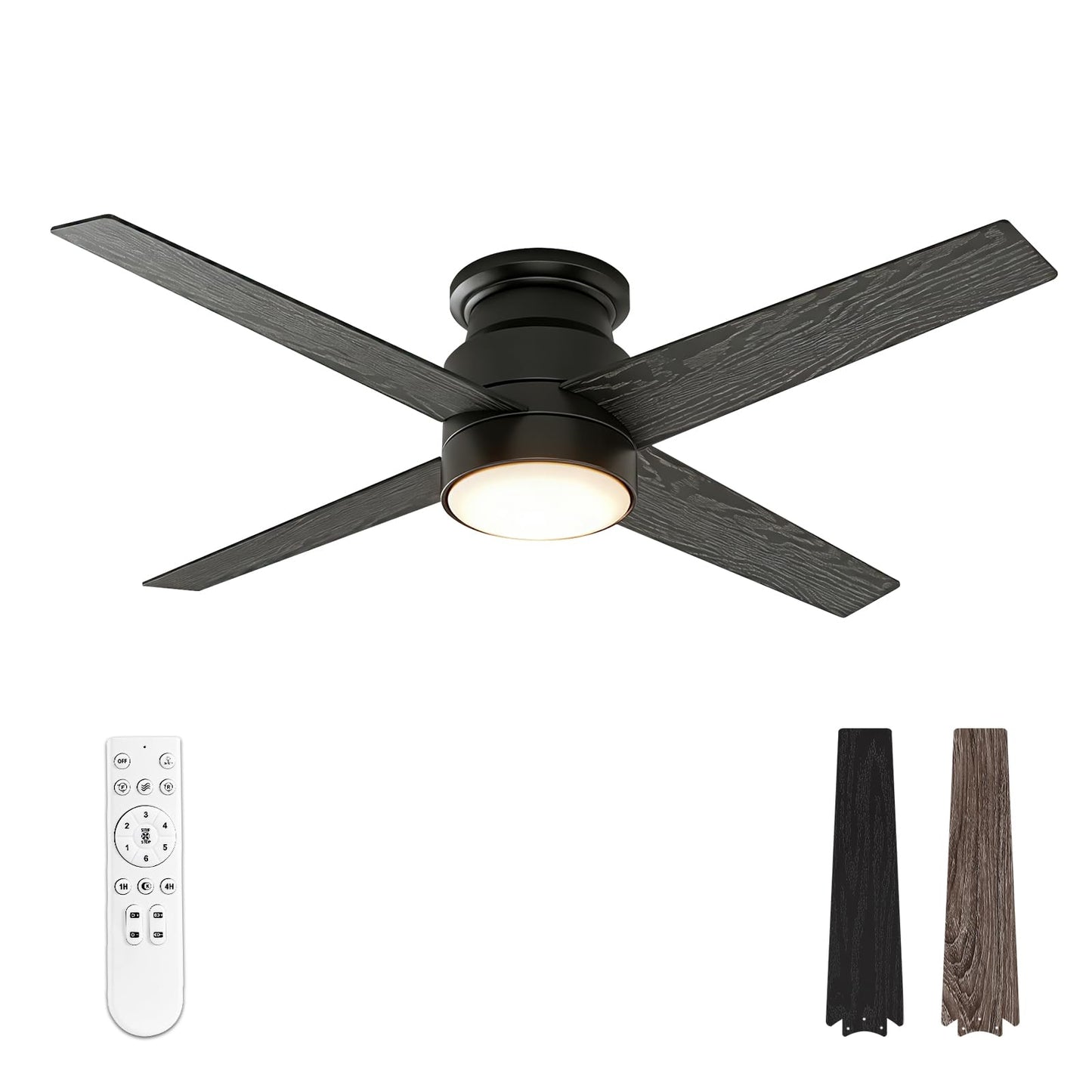 warmiplanet Flush Mount Ceiling Fans with Lights and Remote Control, 52-Inch, Black, 4-Blades