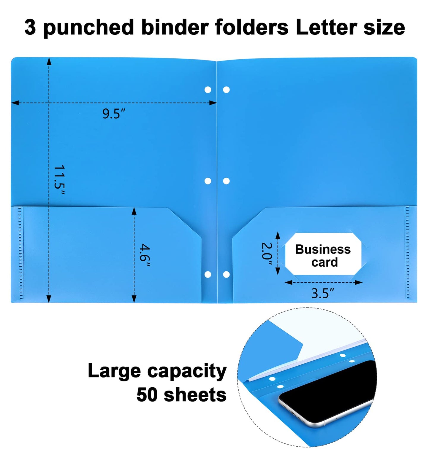 6 Pack Colored Folders with Pockets 3 Hole Punched, Plastic, Binder Folders