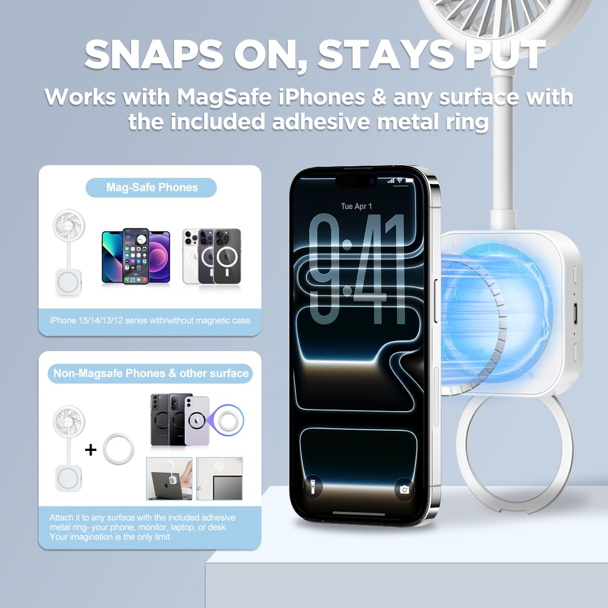 Pursuit Magnetic Phone Fan with Ring Light, Magsafe Compatible Phone Stand and Mini Fan for iPhone 17/16 Pro, 3-in-1 Portable LED Selfie Light Kit