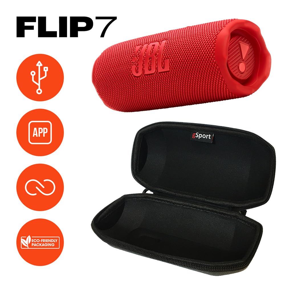 JBL FLIP 7 Waterproof Portable Speaker Bundle with gSport Carbon Fiber Case (Red)