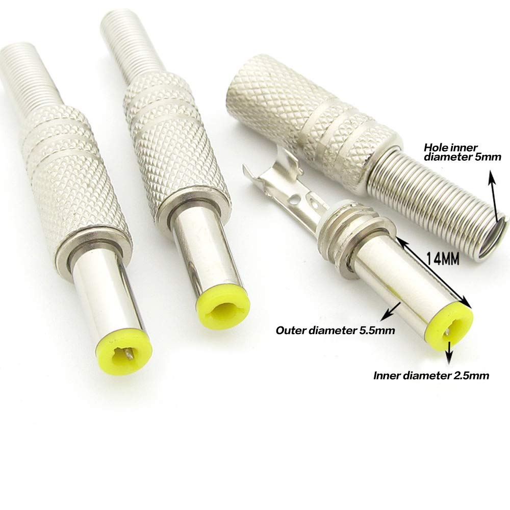 WSDMAVIS 5 Pcs DC Power Connector 5.5mm x 2.5mm DC Power Plug Male Metal Connector Adapter with Yellow Head