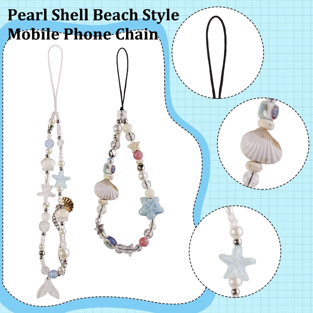 4PCS Phone Charm Wrist Straps Camera Pearl Shell Ocean Lanyard Chain Beaded Cute Blue Bracelet Strap Keychain for Women Phone Bag Camera Decoration