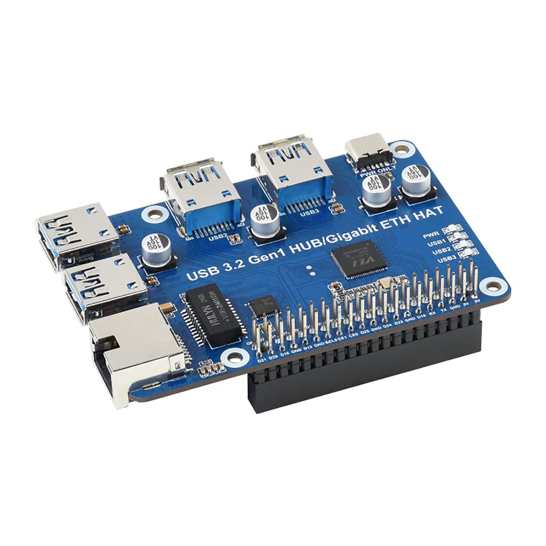 Coolwell USB 3.2 Gen1 and Gigabit Ethernet HUB HAT for Raspberry Pi Series Board, 3x USB 3.2 Gen1, 1x Gigabit Ethernet, Plug & Play, No Driver Needed
