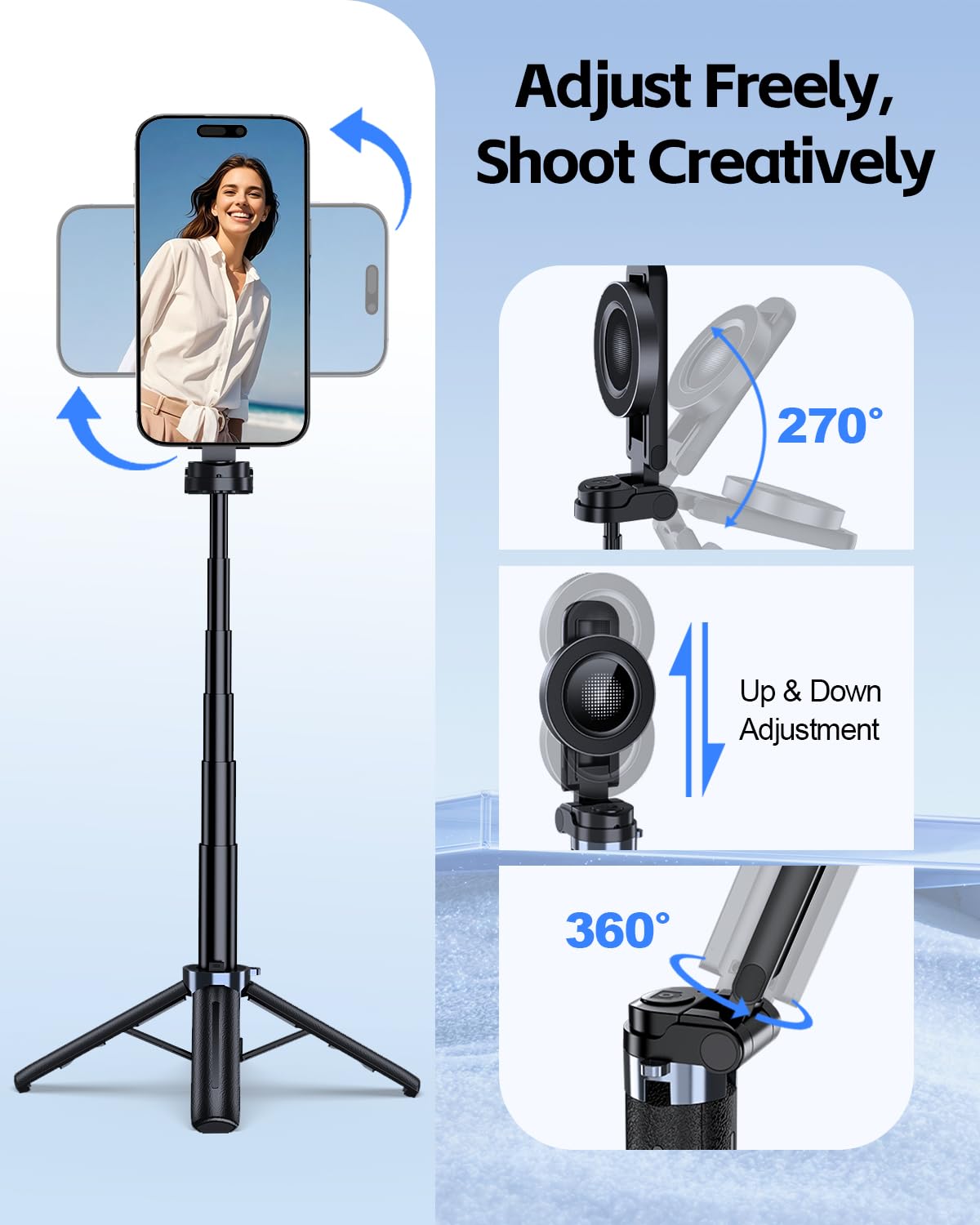 UBeesize Magnetic Mini Selfie Stick Tripod with Rechargeable Remote, Pocket Tripod for iPhone/Android, Compact Travel Stand for TikTok, YouTube, Live