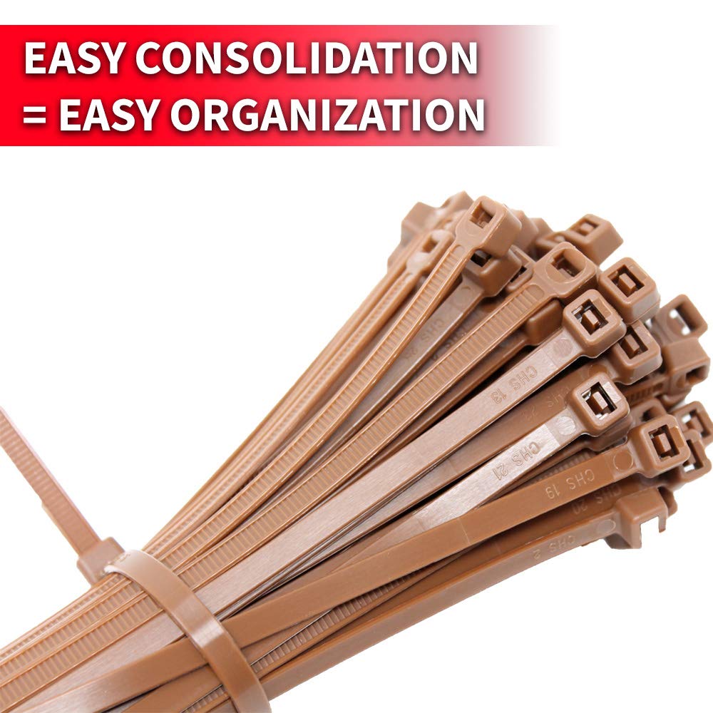 Pro Tie Standard Duty, Self-Locking UV Nylon Cable Wire Ties for Indoor Use |11.8-Inch, 50 lbs. Tensile Strength, Brown Nylon, 100-Pack (PN