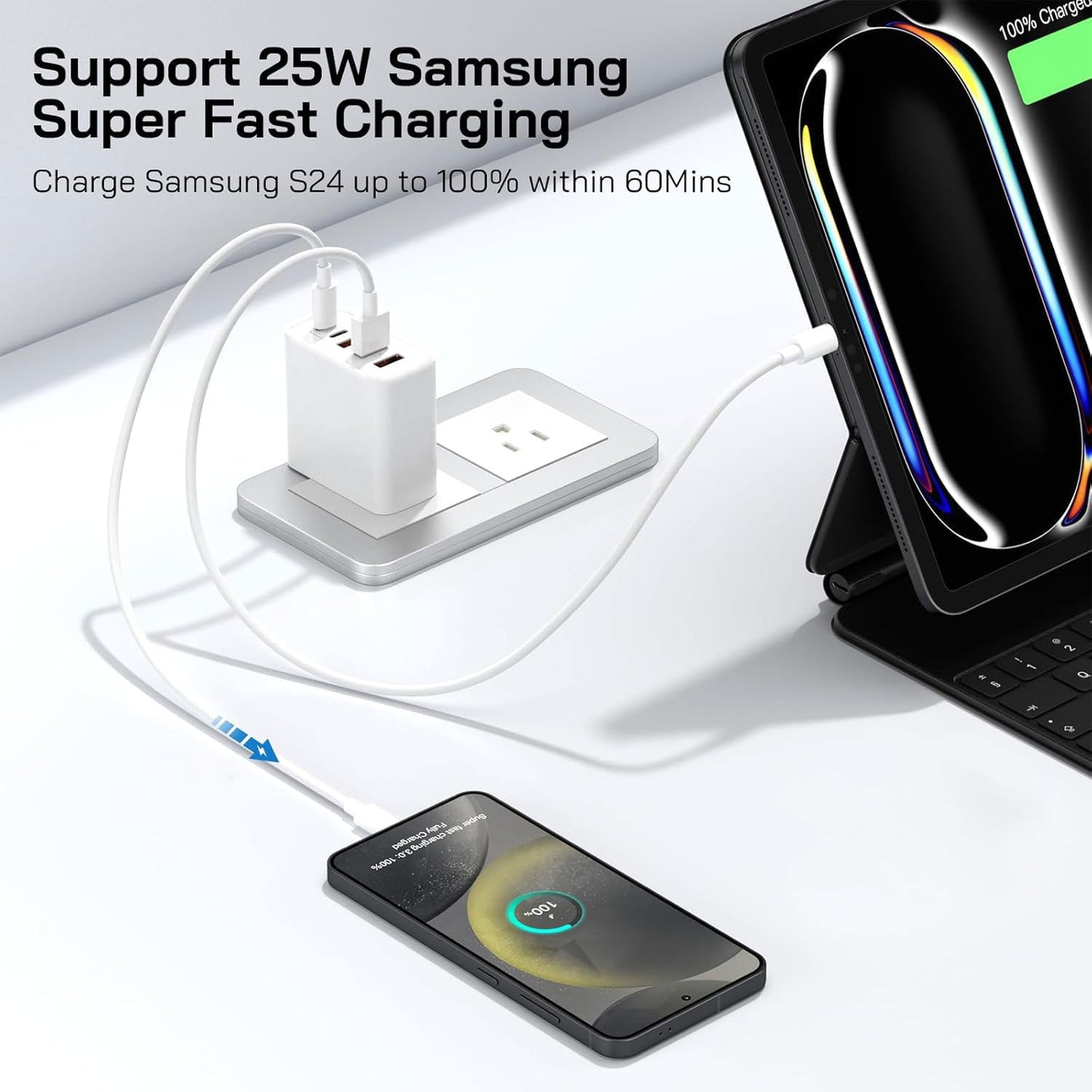 60W Multi-Port USB-C Charger with Cables (4FT + 6FT), 5-Port Wall Plug Power Adapter Compatible with iPhone 17/16/15 Series, iPad, Samsung S25/S24