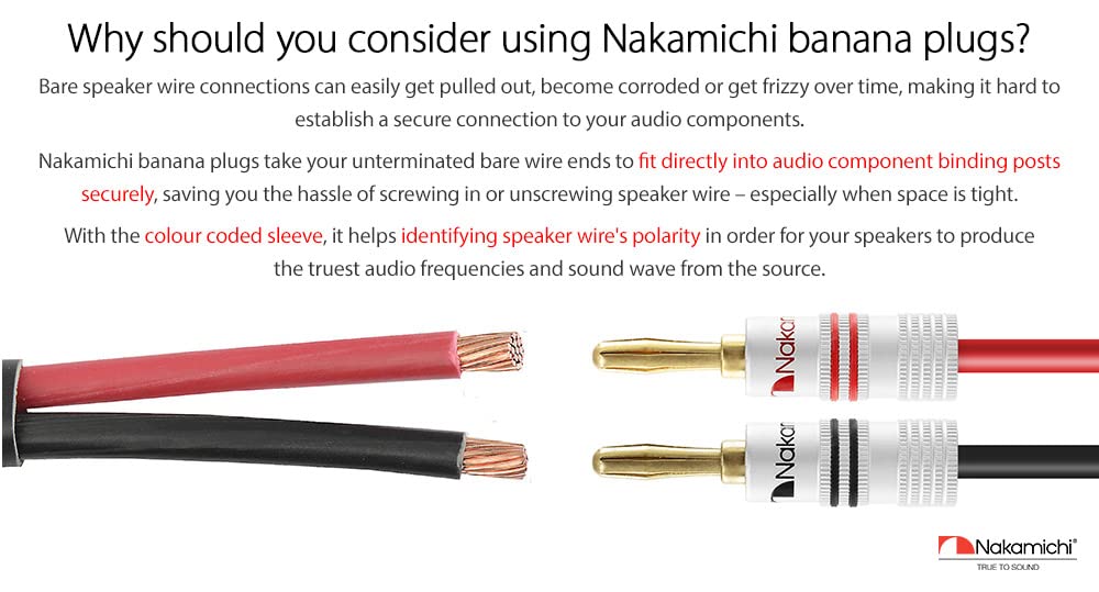 Nakamichi Excel Series 24k Gold Plated Banana Plugs 12 AWG - 18 AWG Gauge Size 4mm for Speakers Amplifier Hi-Fi AV Receiver Stereo Home Theatre Radio