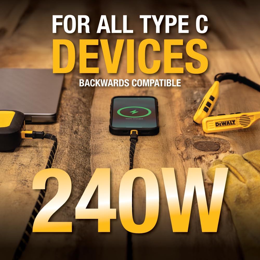 DEWALT Heavy Duty USB C to USB C Fast Charging Cable, Flat 240W USBC to USBC Charge Cable, High Speed Type-C Charging for iPhone 17 16 15 Pro Max