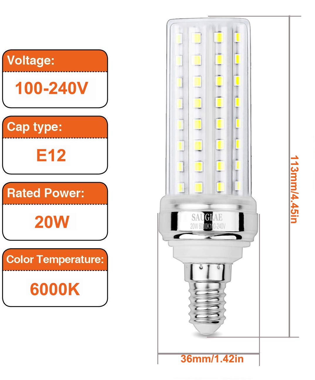 SAUGLAE 20W LED Corn Bulbs, 150W Incandescent Bulbs Equivalent, 6000K Daylight White, Non-Dimmable, 2000Lm, E12 Small Edison Screw Light Bulbs, 3-Pack