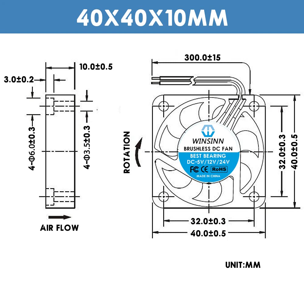 WINSINN 40mm 12V Fan - Hydraulic Bearing 5000 RPM 4010 Cooling Fan Replacement for 3D Printer/DVR/PC/Electronics, 30cm Cable with XH2.54-2PIN
