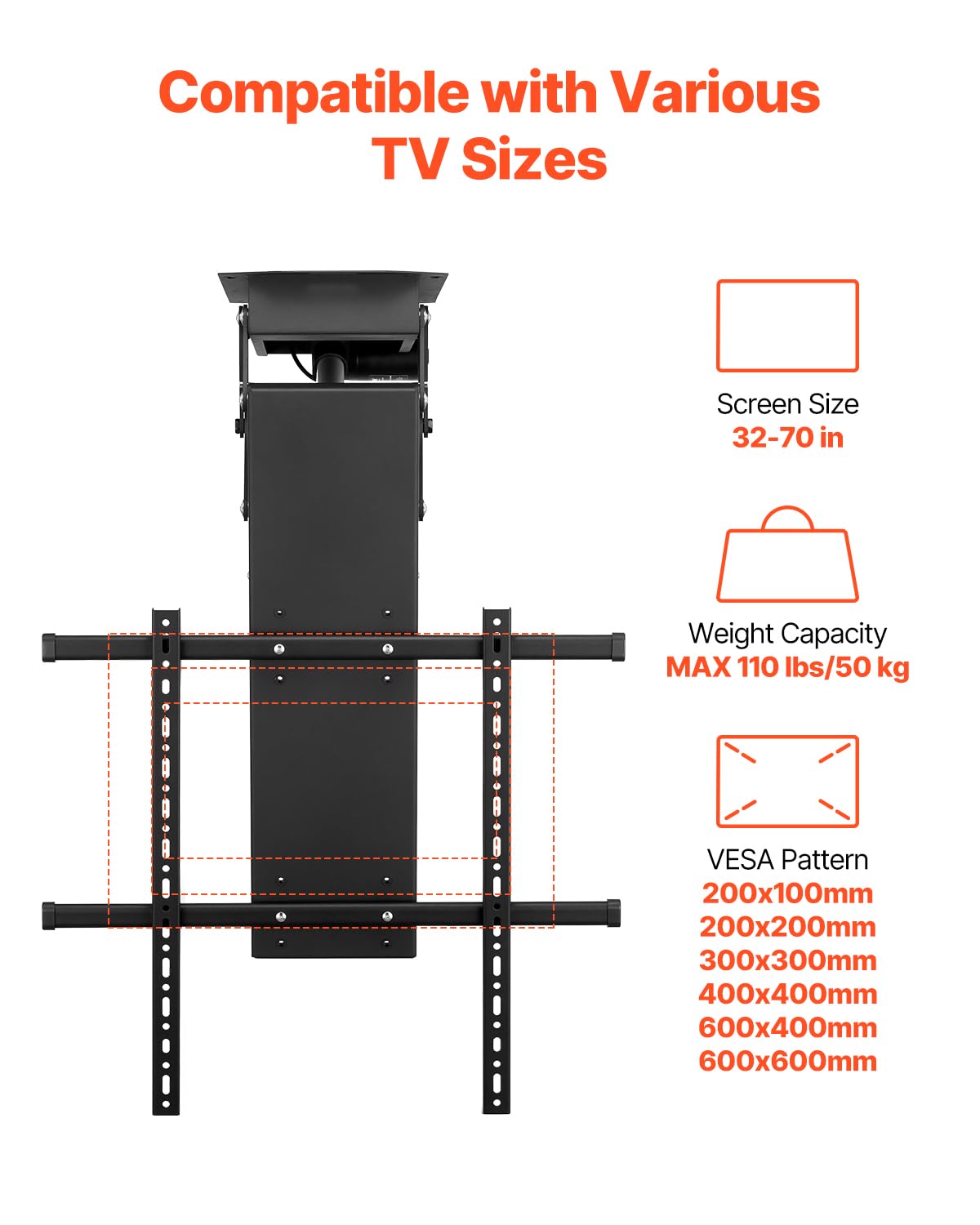 VEVOR Motorized Ceiling TV Mount, TV Wall Mount for 32 to 70 Inch TV, Electric Adjustable Ceiling TV Mount, Motorized Flip Down TV Mount Bracket